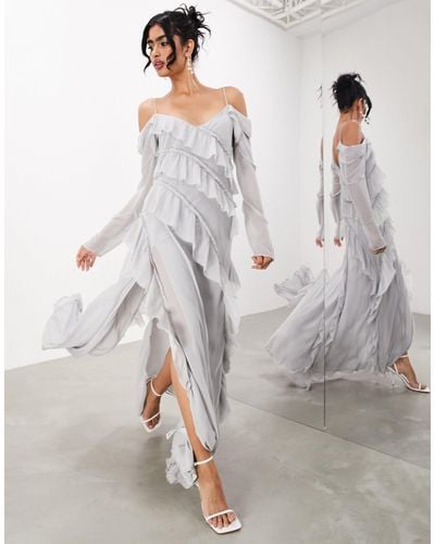 ASOS Long Sleeve Bias Cut Maxi Dress With Raw Edge Frills - Grey