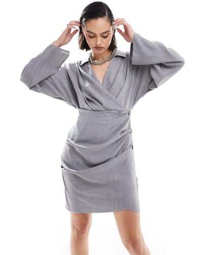 ASOS Linen Look Collar Wrap Long Sleeve Mini Dress With Button Detail Skirt - Blue