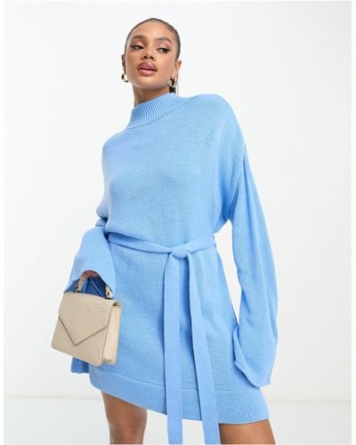 I Saw It First Exclusive Knitted Mini Jumper Dress With Belt Detail - Blue