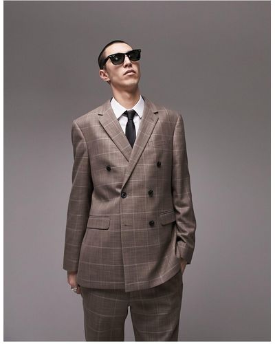 TOPMAN Skinny Fabric Detail Check Suit Jacket - Brown