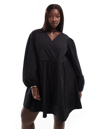 ASOS Asos Design Curve Cotton V-neck Mini Smock Dress - Black
