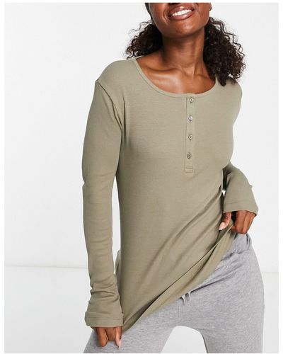 Lindex Cotton Blend Long Sleeve Button Front Rib Top - Green