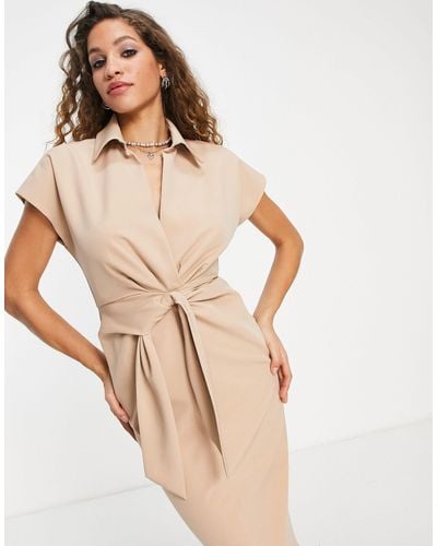 ASOS Midi-jurk Met Kraag En Geknoopte Overslag Aan - Naturel