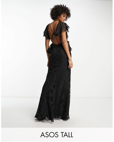 ASOS Asos Design Tall Satin Spot Flutter Sleeve Maxi Dress With Open Back - Black