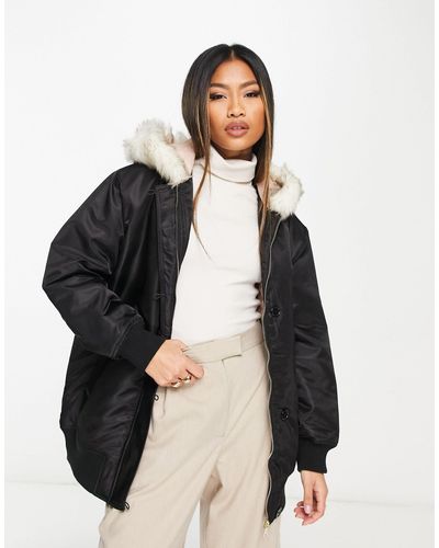 River Island Bomber Jacket With Faux Fur Hood Detail - Black