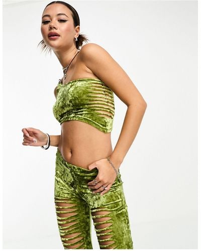 The Ragged Priest Slashed Velvet One Shoulder Chain Crop Top (part Of A Set) - Green