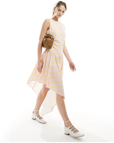 ASOS Chevron Mix Stripe Cut Out Dress With Asym Hem - Natural