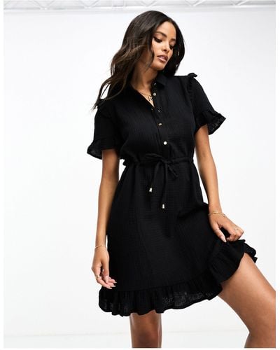 Pimkie Ruffle Trim Belted Mini Dress - Black