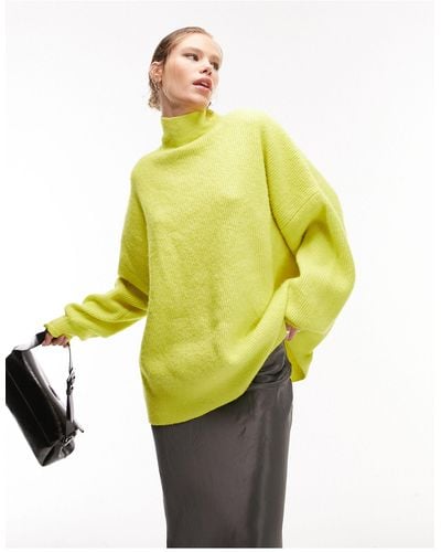 TOPSHOP Knitted Funnel Neck Long Line Jumper - Yellow