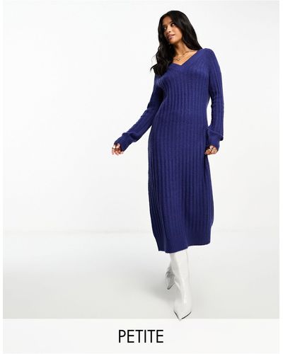 Threadbare Petite - bella - vestito maglia midi a coste con scollo a v - Blu