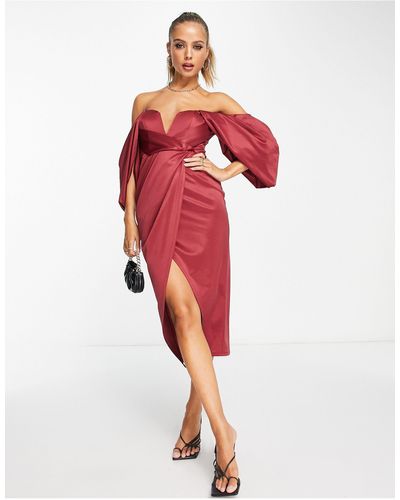 ASOS Draped Sleeve Bardot Satin Midi Dress - Red