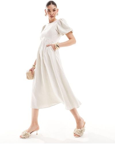 & Other Stories Midi Dress With Volume Sleeves And Open Back Detail With Tassels - White