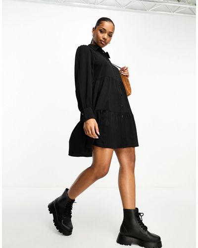 Monki Mini Shirt Dress With Tiered Hem - Black