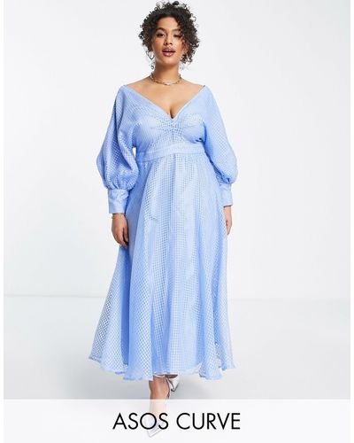 ASOS Curve - Geruite Midi Jurk Van Organza Met Blousonmouwen - Blauw