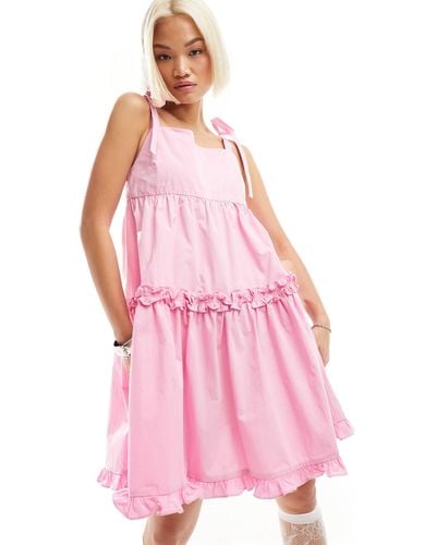 Urban Revivo Tie Shoulder Cami Ruffle Mini Dress - Pink
