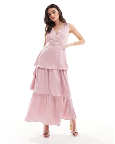 Vila Bridesmaid Satin Tiered Maxi Dress With Tie Belt - Pink
