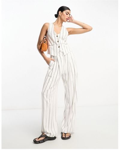 ASOS Striped Inverted Pleat Wide Leg Trousers With Linen - White