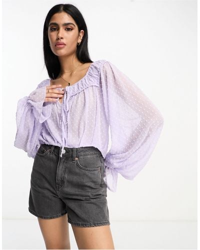 ASOS Dobby Blouse With Volume Sleeve & Tie Front - Purple
