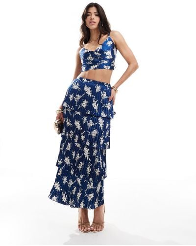 Abercrombie & Fitch Co-ord Tiered Floral Print Satin Maxi Skirt - Blue