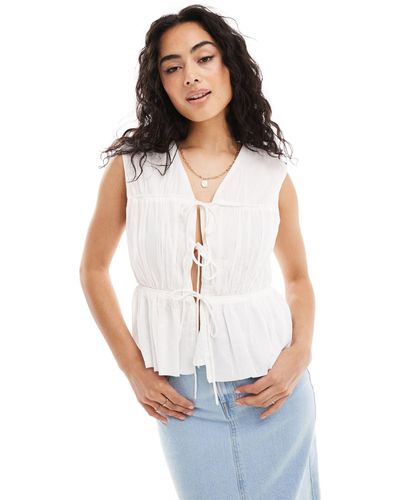 Y.A.S Smocked Tie Front Sleeveless Blouse - White