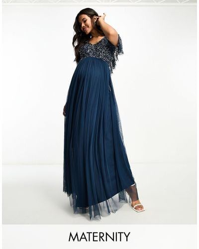 Beauut Maternity Bridesmaid Embellished Maxi Dress With Flutter Detail - Blue