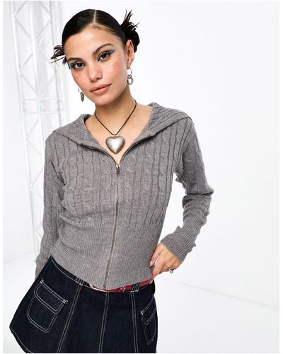 Collusion Cable Knit Oversized Collar Zip Through Jumper - Grey
