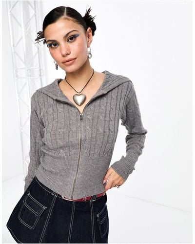 Collusion Cable Knit Oversized Collar Zip Through Sweater - Gray