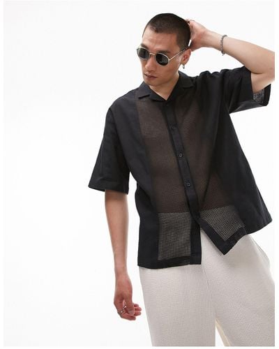 TOPMAN Short Sleeve Relaxed Revere Square Woven Panel Shirt - Black