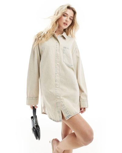 ASOS Denim Mini Shirt Dress With Front Pockets - Natural