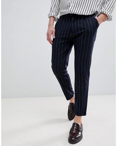 Pull&Bear Striped Tailored Pants In Navy - Blue