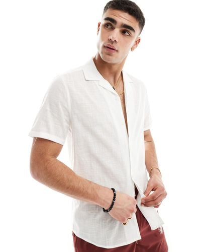 ASOS Regular Fit Linen Look Roll Sleeve Revere Collar Shirt - White