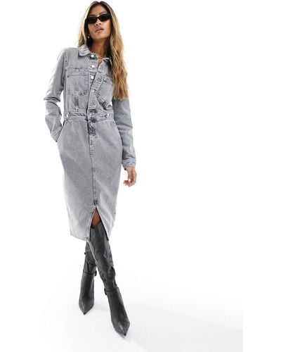 River Island Long Sleeve Button Front Denim Midi Dress - Grey