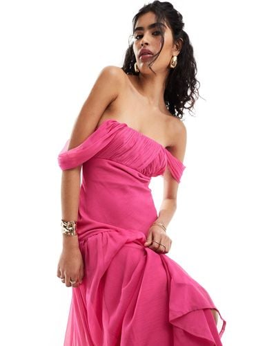 ASOS Drape Off Shoulder Dropped Waist Maxi Dress - Pink