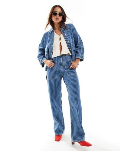 ONLY Kirsi - jean d'ensemble coupe cargo ample taille haute à rayures - et blanc - Bleu