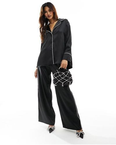 ASOS Satin Pajama Shirt Co-ord With Piping Detail - Black