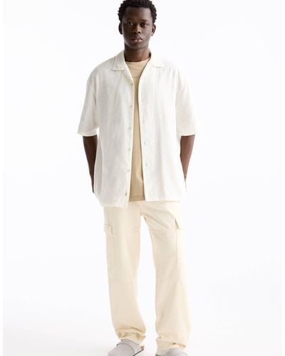 Pull&Bear Linen Look Revere Neck Shirt - White