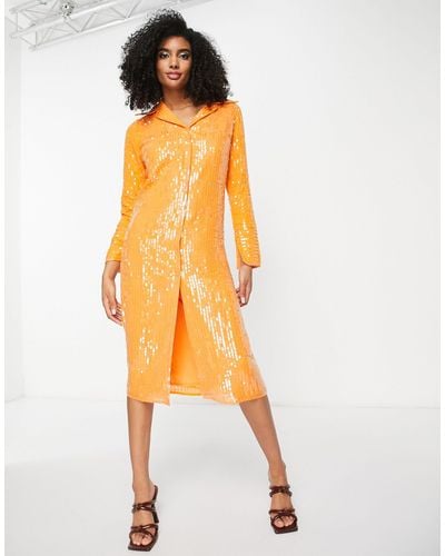 River Island Sequin Embellished Midi Shirt Dress - Orange