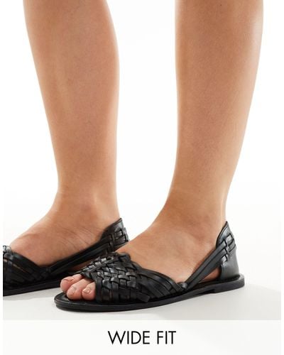 ASOS Wide Fit Francis Leather Woven Flat Sandals - Black