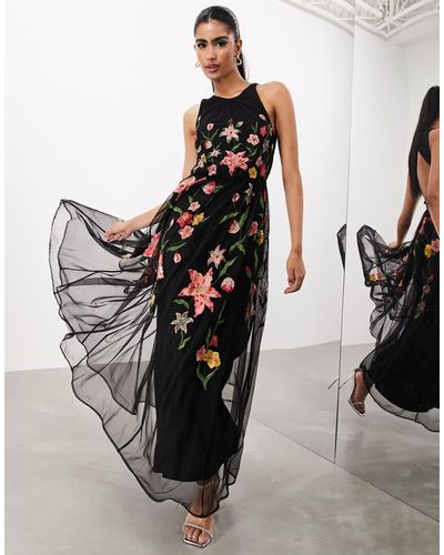 ASOS Mesh Halter Sleeveless Maxi Dress With Floral Embroidery - Black
