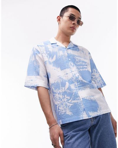 TOPMAN Short Sleeve Blurred Floral Seersucker Revere Shirt - Blue