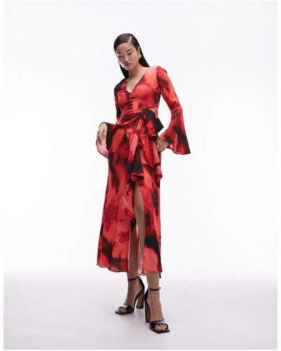 TOPSHOP Button Down V Neck Tie Front Midi Dress - Red