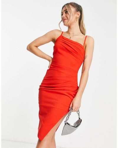 Lavish Alice Pleat Detail Thigh Split Midi Dress - Red