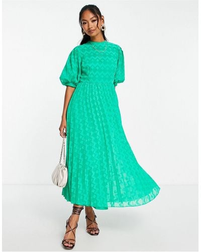 ASOS High Neck Pleated Chevron Textured Midi Dress With Puff Sleeve - Green