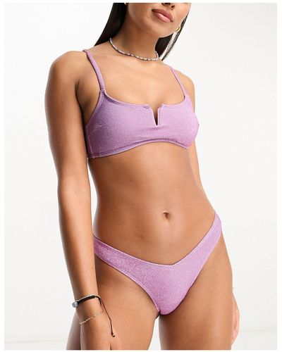 New Look Top bikini lilla glitterato con scollo rotondo - Rosa