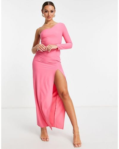 Vesper Long One Shoulder Maxi Dress With Thigh Split - Pink
