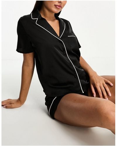 ASOS Satin Short Sleeve Shirt & Short Pajama Set - Black