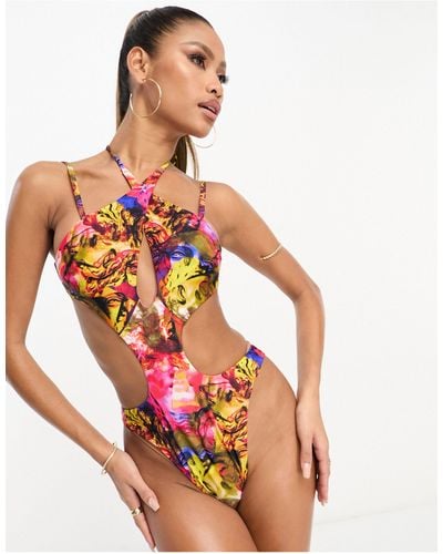 ASOS Cross Neck Cut Out Swimsuit - Pink