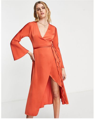 ASOS Bias Cut Satin Wrap Dress With Tie Waist - Orange