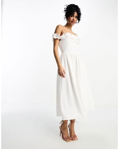 Little Mistress Bardot Midi Dress With Full Skirt - White