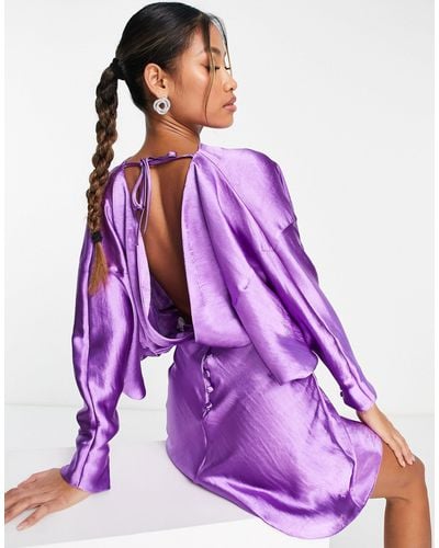 ASOS High Shine Satin Backless Balloon Sleeve Mini Dress - Purple